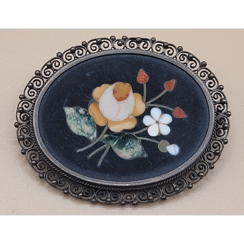 Vintage Italian Pietra Dura 800 Silver Filigree Floral Mosaic Brooch Pin Oval